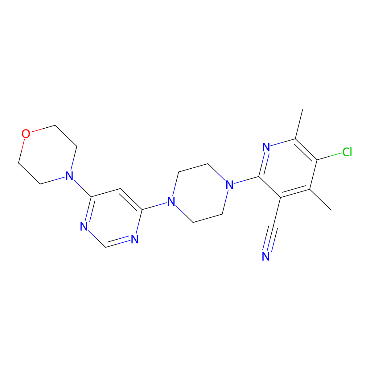 5-Chloro-4,6-dimethyl-2-{4-[6-(morpholin-4-yl)pyrimidin-4-yl]piperazin-1-yl}pyridine-3-carbonitrile molecular structure, CAS 2877642-89-0