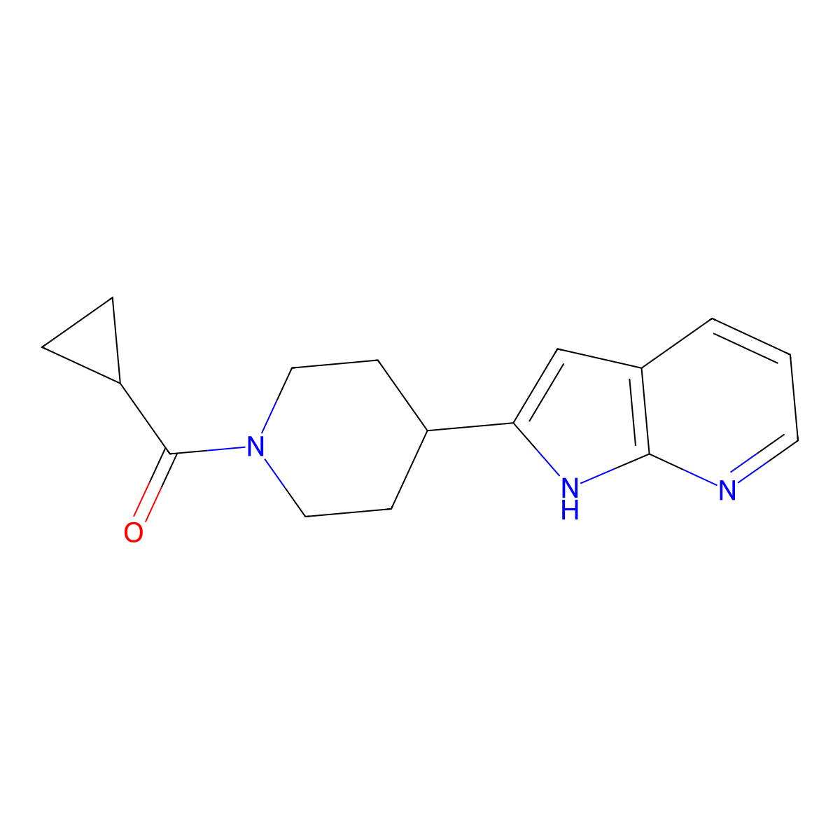 1-cyclopropanecarbonyl-4-{1H-pyrrolo[2,3-b]pyridin-2-yl}piperidine molecular structure, CAS 2877642-95-8