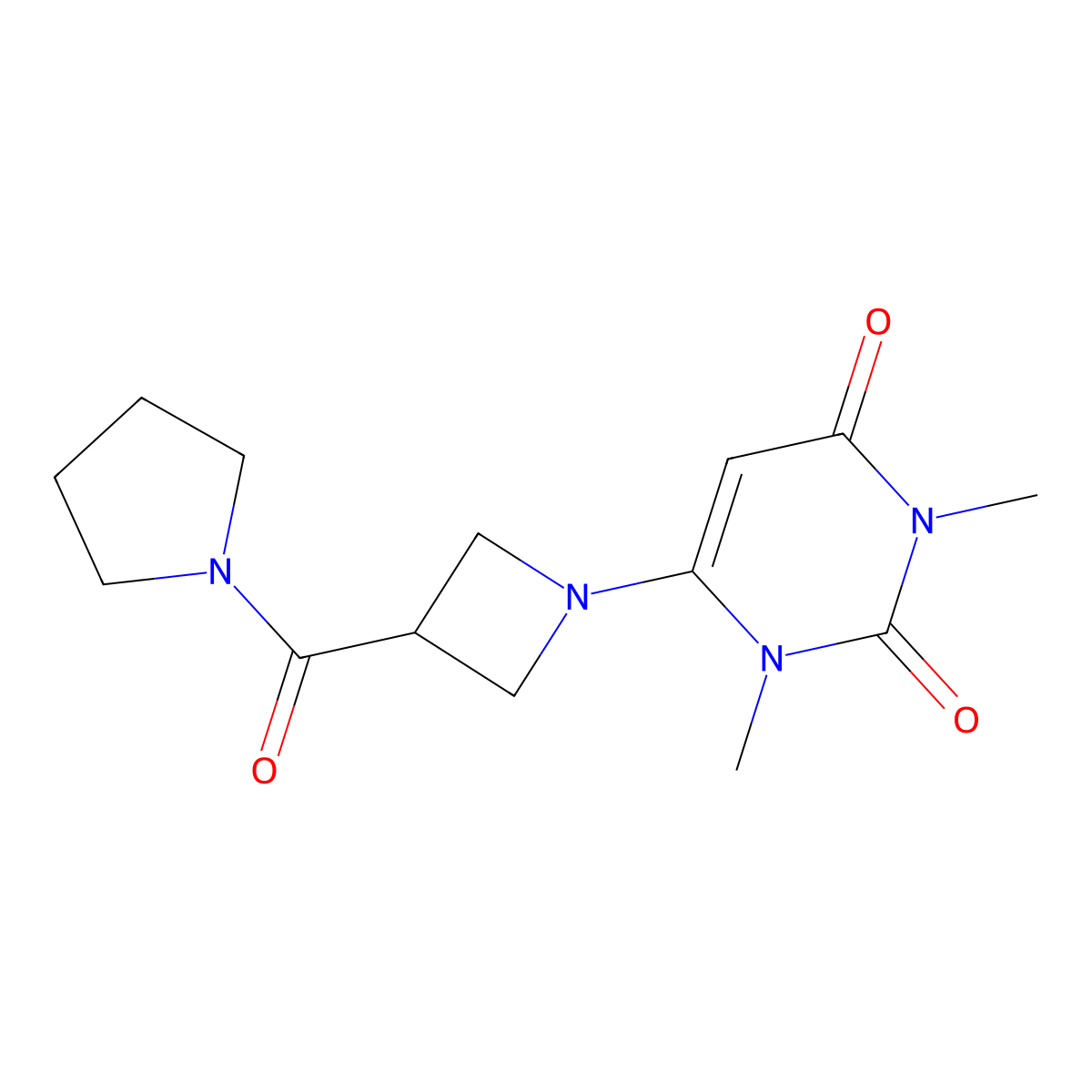 1,3-Dimethyl-6-[3-(pyrrolidine-1-carbonyl)azetidin-1-yl]-1,2,3,4-tetrahydropyrimidine-2,4-dione molecular structure, CAS 2877643-00-8