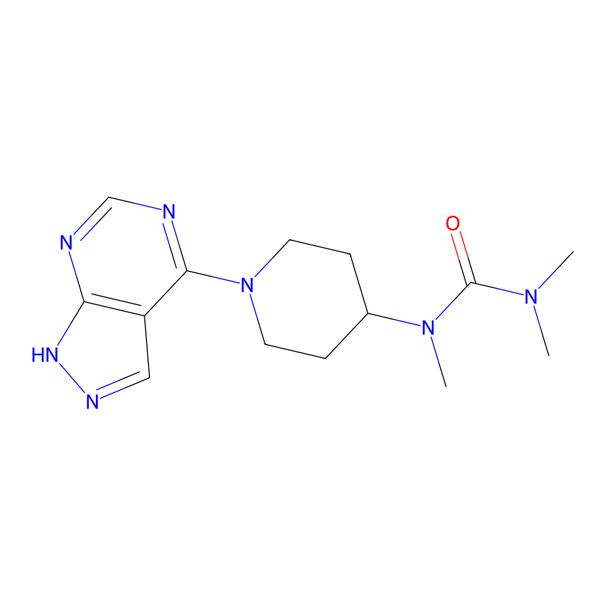 1,3,3-trimethyl-1-(1-{1H-pyrazolo[3,4-d]pyrimidin-4-yl}piperidin-4-yl)urea molecular structure, CAS 2877643-04-2