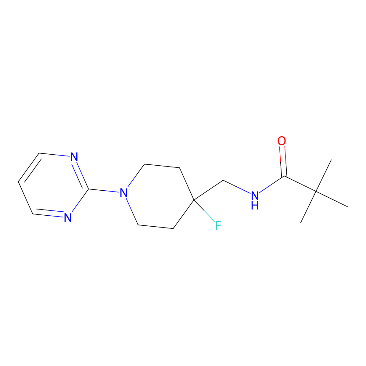 N-{[4-fluoro-1-(pyrimidin-2-yl)piperidin-4-yl]methyl}-2,2-dimethylpropanamide molecular structure, CAS 2877643-10-0
