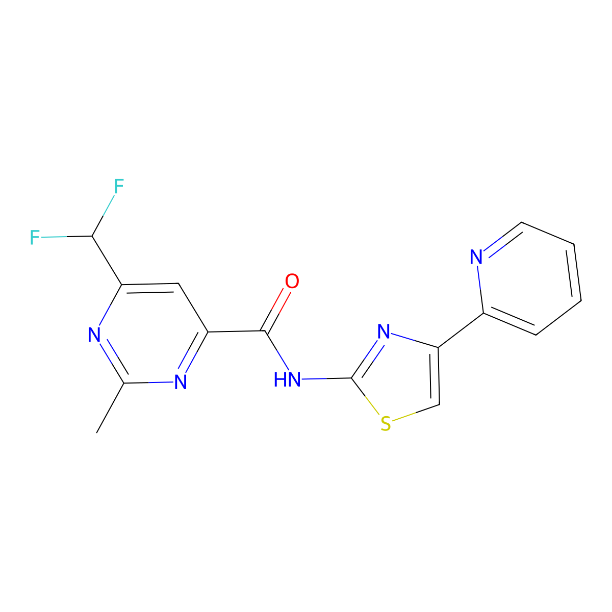 6-(difluoromethyl)-2-methyl-N-[4-(pyridin-2-yl)-1,3-thiazol-2-yl]pyrimidine-4-carboxamide molecular structure, CAS 2877643-19-9