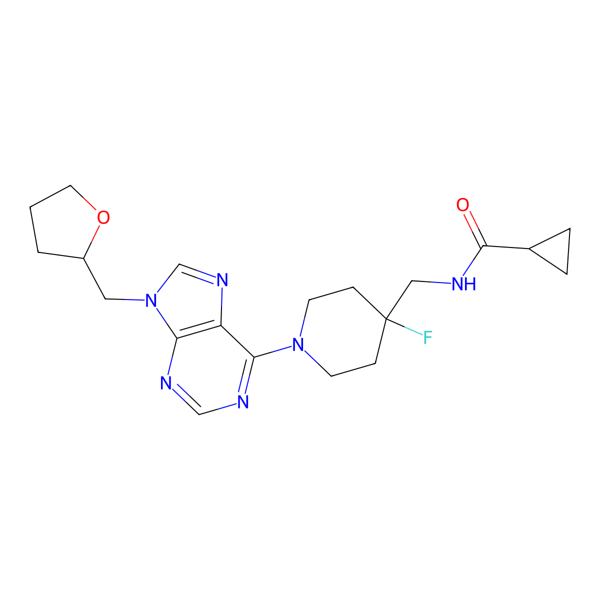 N-[(4-fluoro-1-{9-[(oxolan-2-yl)methyl]-9H-purin-6-yl}piperidin-4-yl)methyl]cyclopropanecarboxamide molecular structure, CAS 2877643-21-3