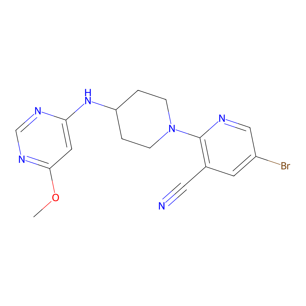 5-Bromo-2-{4-[(6-methoxypyrimidin-4-yl)amino]piperidin-1-yl}pyridine-3-carbonitrile molecular structure, CAS 2877643-24-6