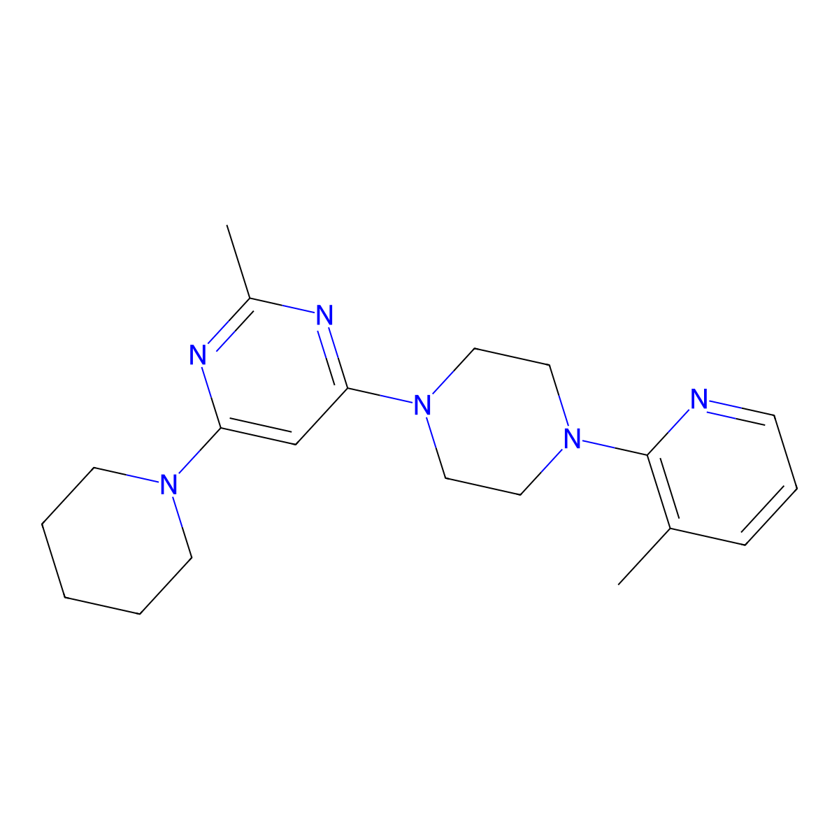 2-Methyl-4-[4-(3-methylpyridin-2-yl)piperazin-1-yl]-6-(piperidin-1-yl)pyrimidine molecular structure, CAS 2877643-47-3