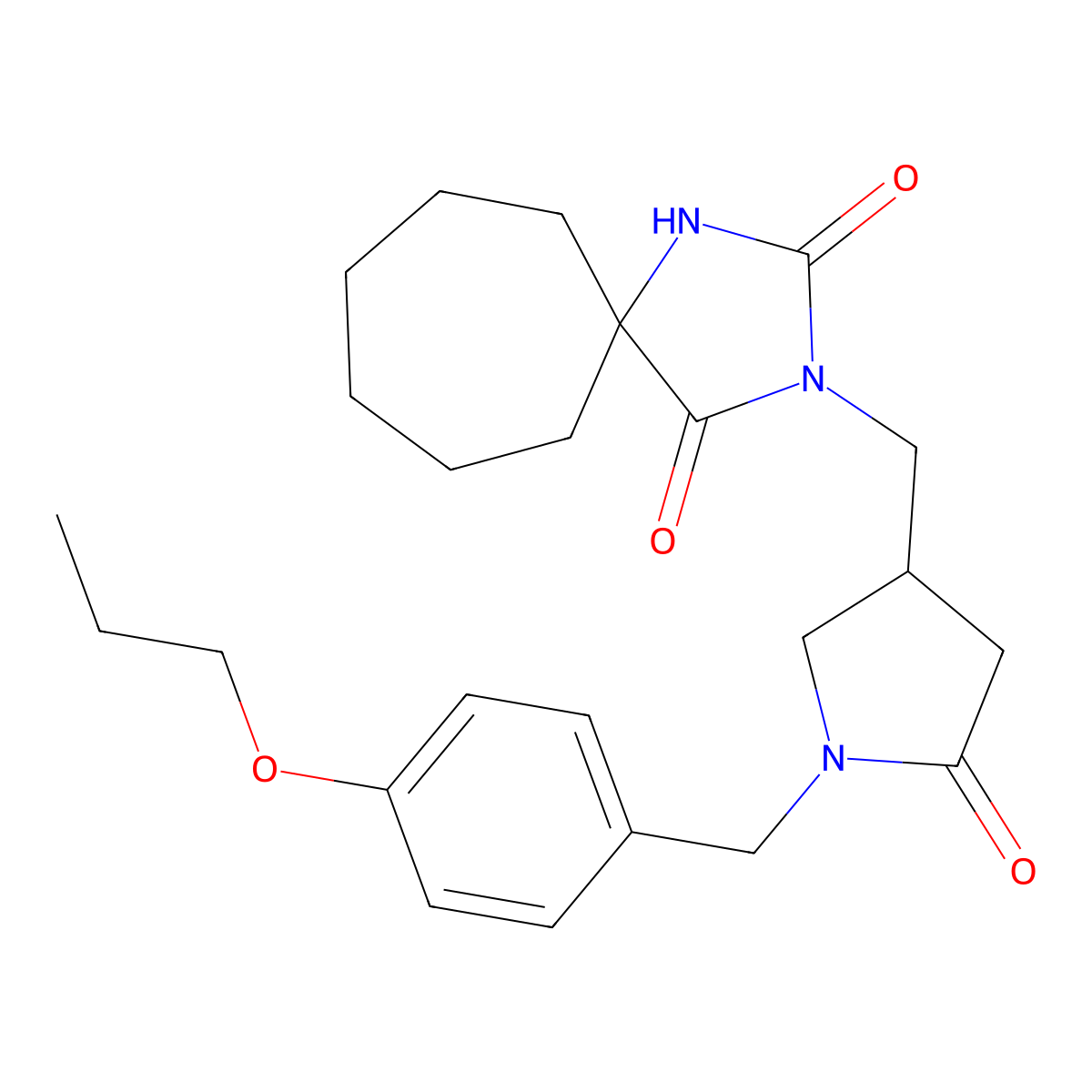3-({5-Oxo-1-[(4-propoxyphenyl)methyl]pyrrolidin-3-yl}methyl)-1,3-diazaspiro[4.6]undecane-2,4-dione molecular structure, CAS 2877643-49-5