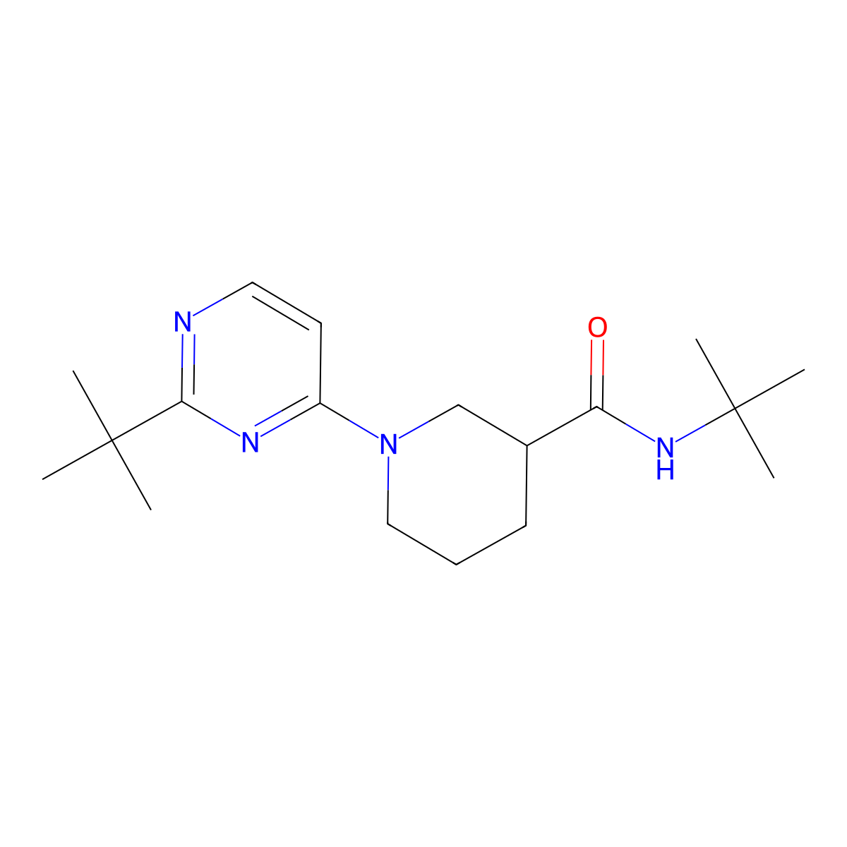 N-tert-butyl-1-(2-tert-butylpyrimidin-4-yl)piperidine-3-carboxamide molecular structure, CAS 2877643-52-0