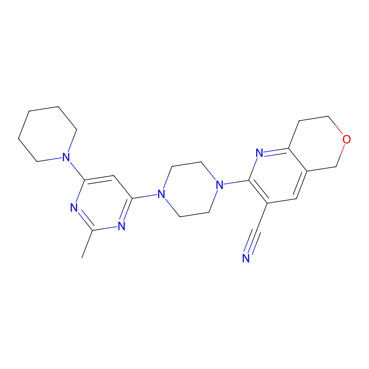 2-{4-[2-methyl-6-(piperidin-1-yl)pyrimidin-4-yl]piperazin-1-yl}-5H,7H,8H-pyrano[4,3-b]pyridine-3-carbonitrile molecular structure, CAS 2877643-54-2