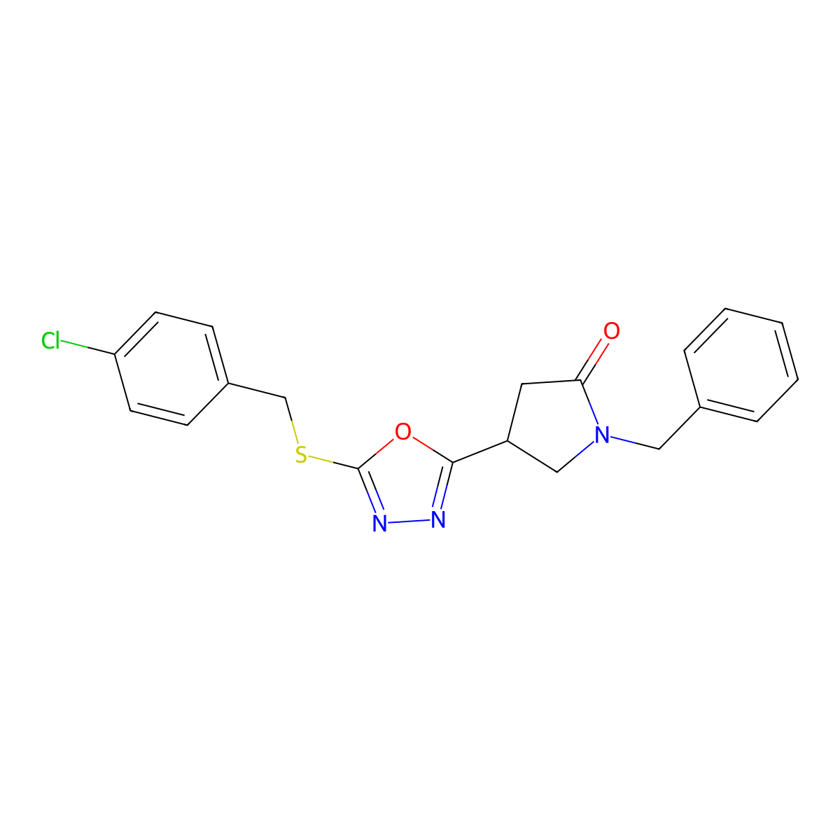 1-Benzyl-4-(5-{[(4-chlorophenyl)methyl]sulfanyl}-1,3,4-oxadiazol-2-yl)pyrrolidin-2-one molecular structure, CAS 2877643-62-2
