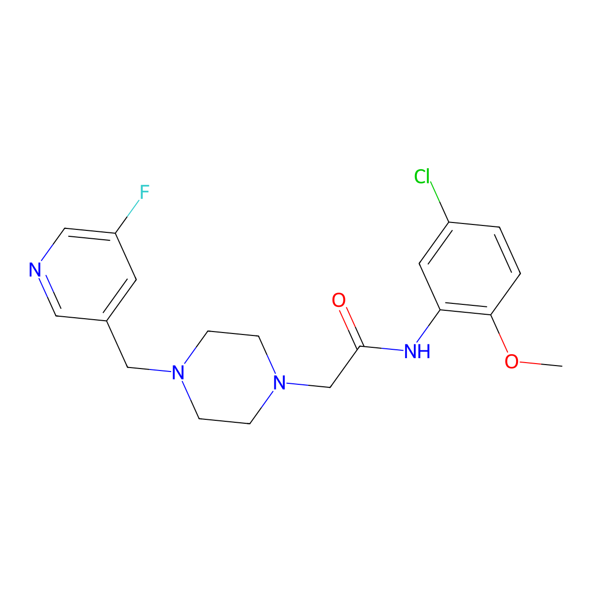 N-(5-chloro-2-methoxyphenyl)-2-[4-[(5-fluoropyridin-3-yl)methyl]piperazin-1-yl]acetamide molecular structure, CAS 2877643-75-7