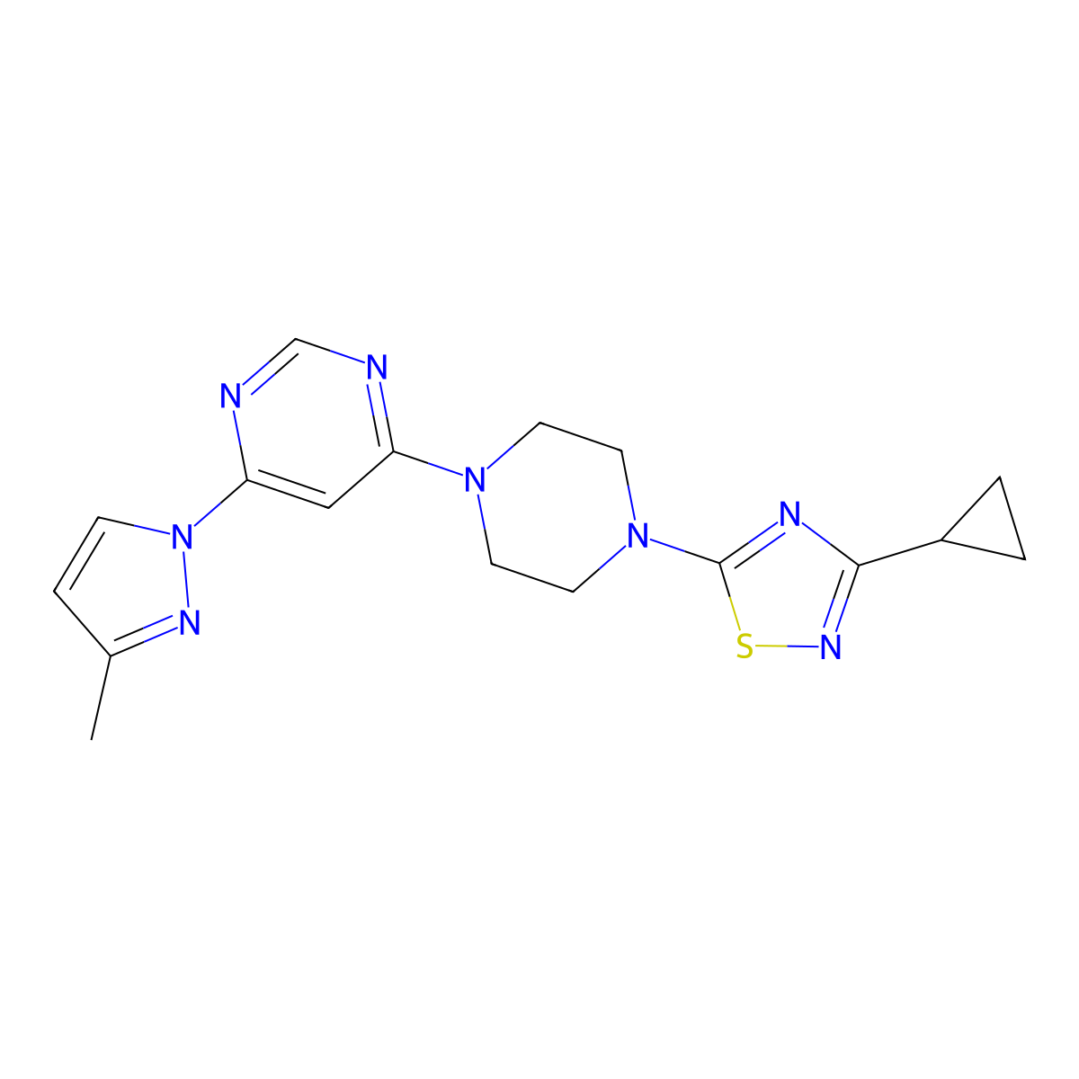 4-[4-(3-cyclopropyl-1,2,4-thiadiazol-5-yl)piperazin-1-yl]-6-(3-methyl-1H-pyrazol-1-yl)pyrimidine molecular structure, CAS 2877643-79-1