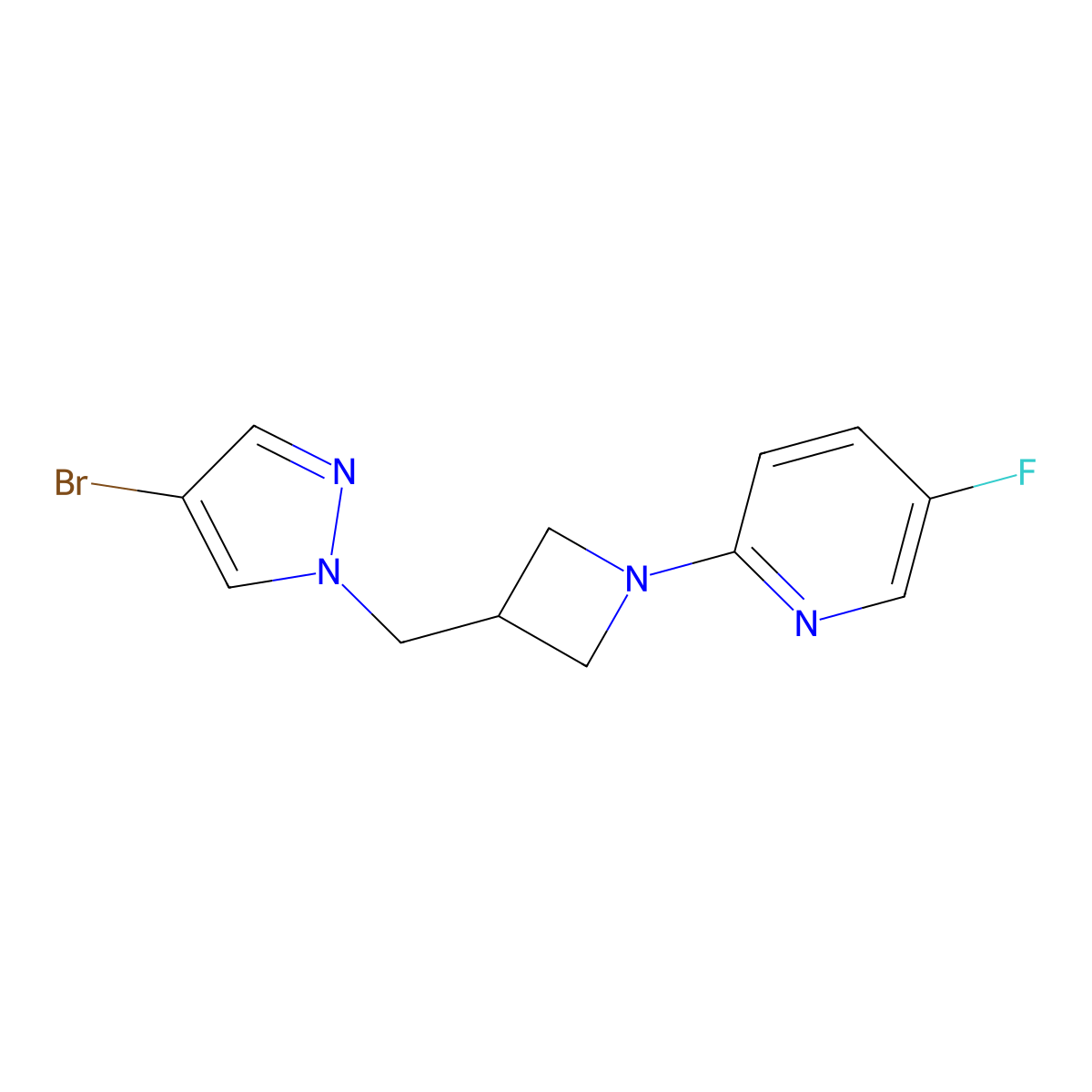 2-{3-[(4-bromo-1H-pyrazol-1-yl)methyl]azetidin-1-yl}-5-fluoropyridine molecular structure, CAS 2877643-84-8