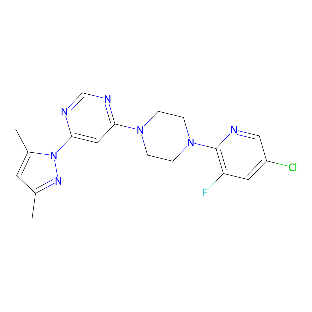 4-[4-(5-chloro-3-fluoropyridin-2-yl)piperazin-1-yl]-6-(3,5-dimethyl-1H-pyrazol-1-yl)pyrimidine molecular structure, CAS 2877643-87-1