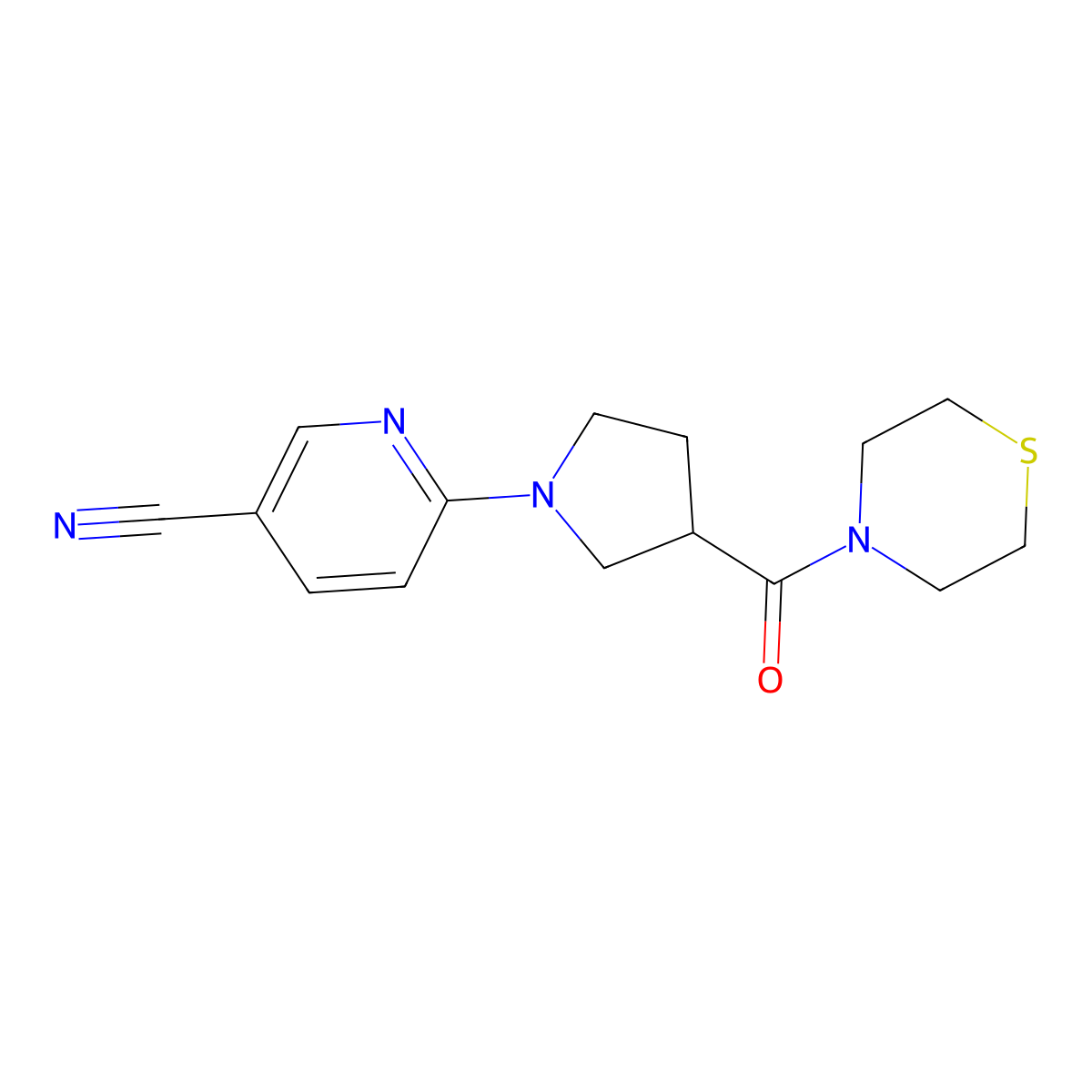 6-[3-(Thiomorpholine-4-carbonyl)pyrrolidin-1-yl]pyridine-3-carbonitrile molecular structure, CAS 2877643-93-9