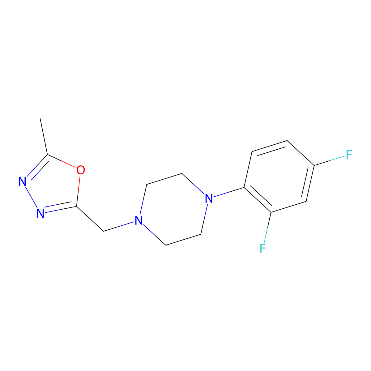 1-(2,4-Difluorophenyl)-4-[(5-methyl-1,3,4-oxadiazol-2-yl)methyl]piperazine molecular structure, CAS 2877643-98-4