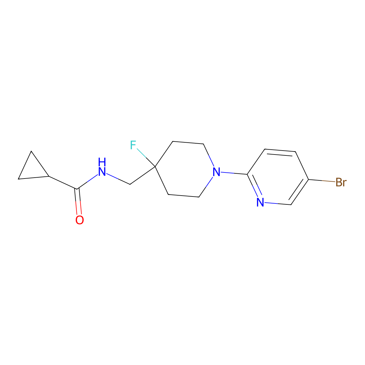 N-{[1-(5-bromopyridin-2-yl)-4-fluoropiperidin-4-yl]methyl}cyclopropanecarboxamide molecular structure, CAS 2877644-02-3