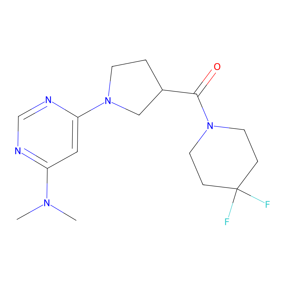 6-[3-(4,4-difluoropiperidine-1-carbonyl)pyrrolidin-1-yl]-N,N-dimethylpyrimidin-4-amine molecular structure, CAS 2877644-07-8