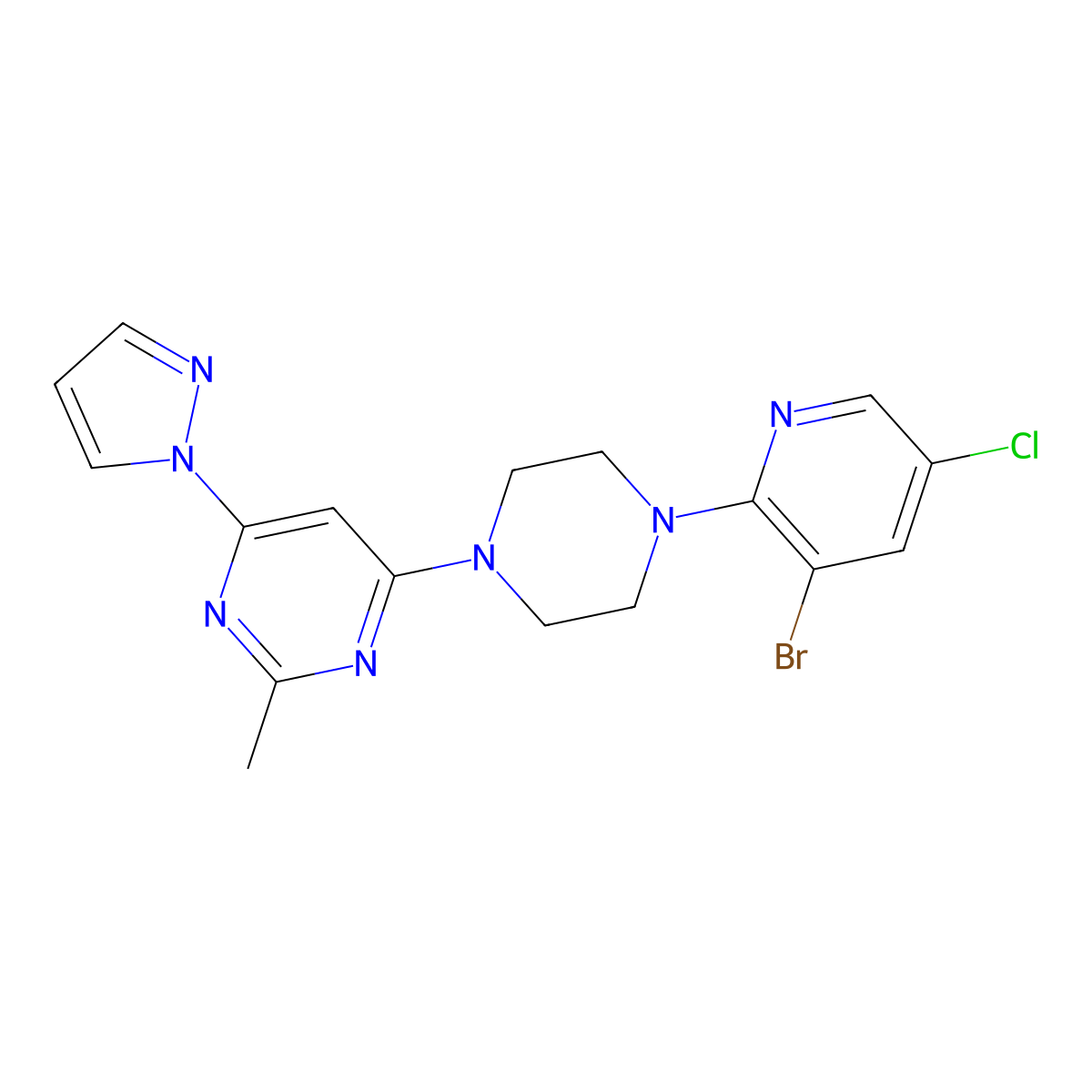 4-[4-(3-bromo-5-chloropyridin-2-yl)piperazin-1-yl]-2-methyl-6-(1H-pyrazol-1-yl)pyrimidine molecular structure, CAS 2877644-20-5