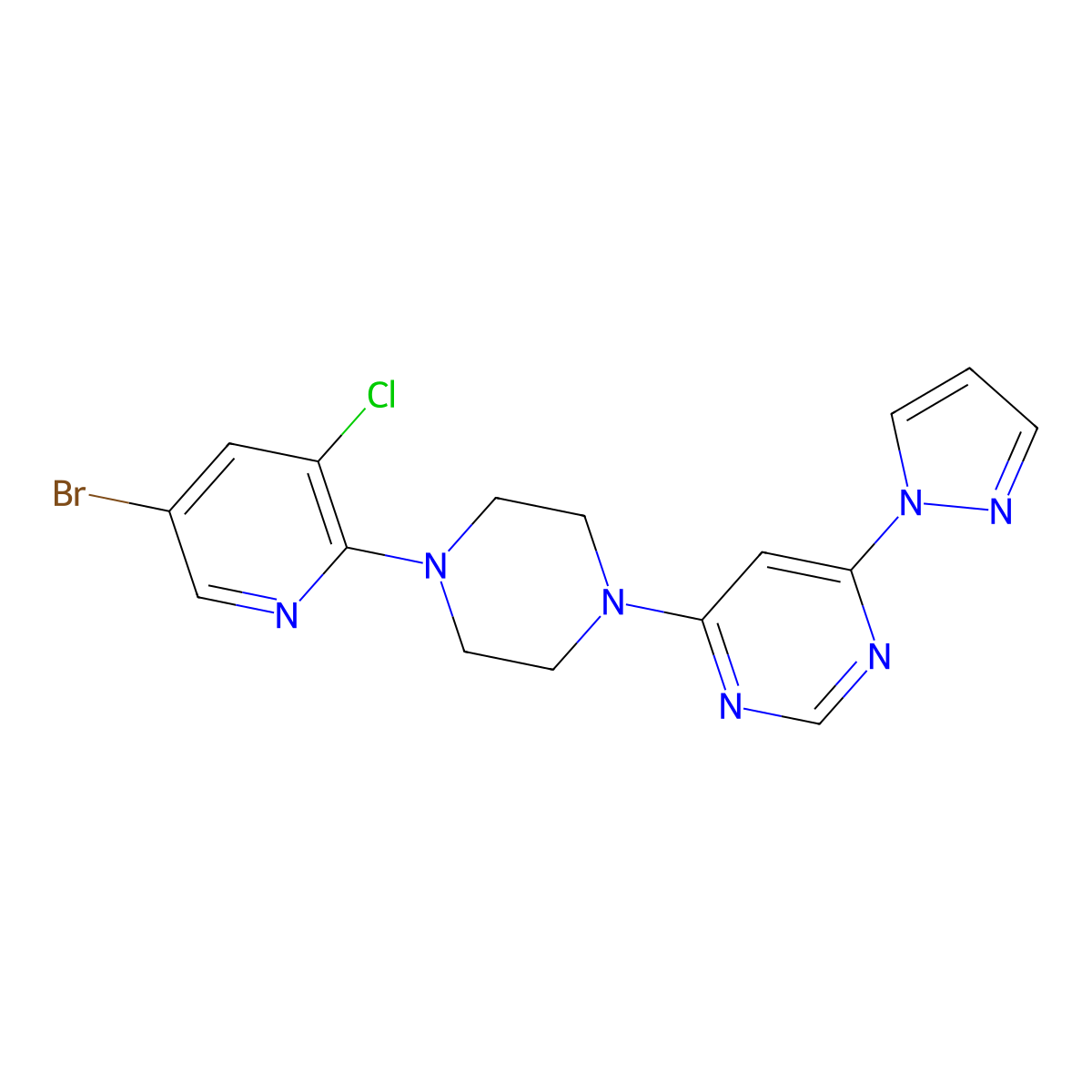 4-[4-(5-bromo-3-chloropyridin-2-yl)piperazin-1-yl]-6-(1H-pyrazol-1-yl)pyrimidine molecular structure, CAS 2877644-22-7