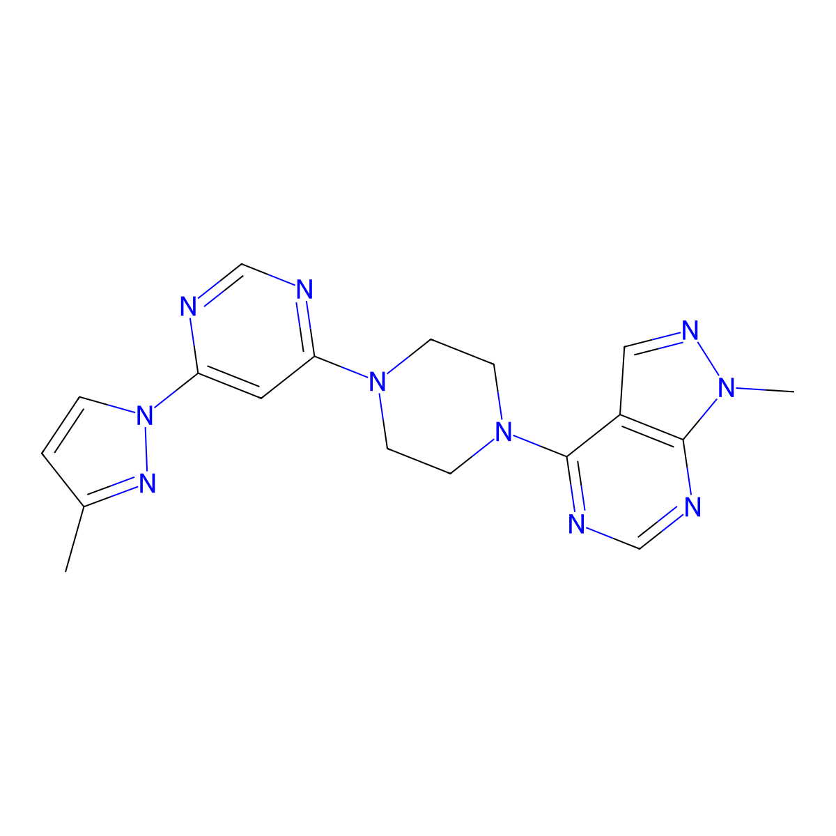 4-(3-methyl-1H-pyrazol-1-yl)-6-(4-{1-methyl-1H-pyrazolo[3,4-d]pyrimidin-4-yl}piperazin-1-yl)pyrimidine molecular structure, CAS 2877644-24-9