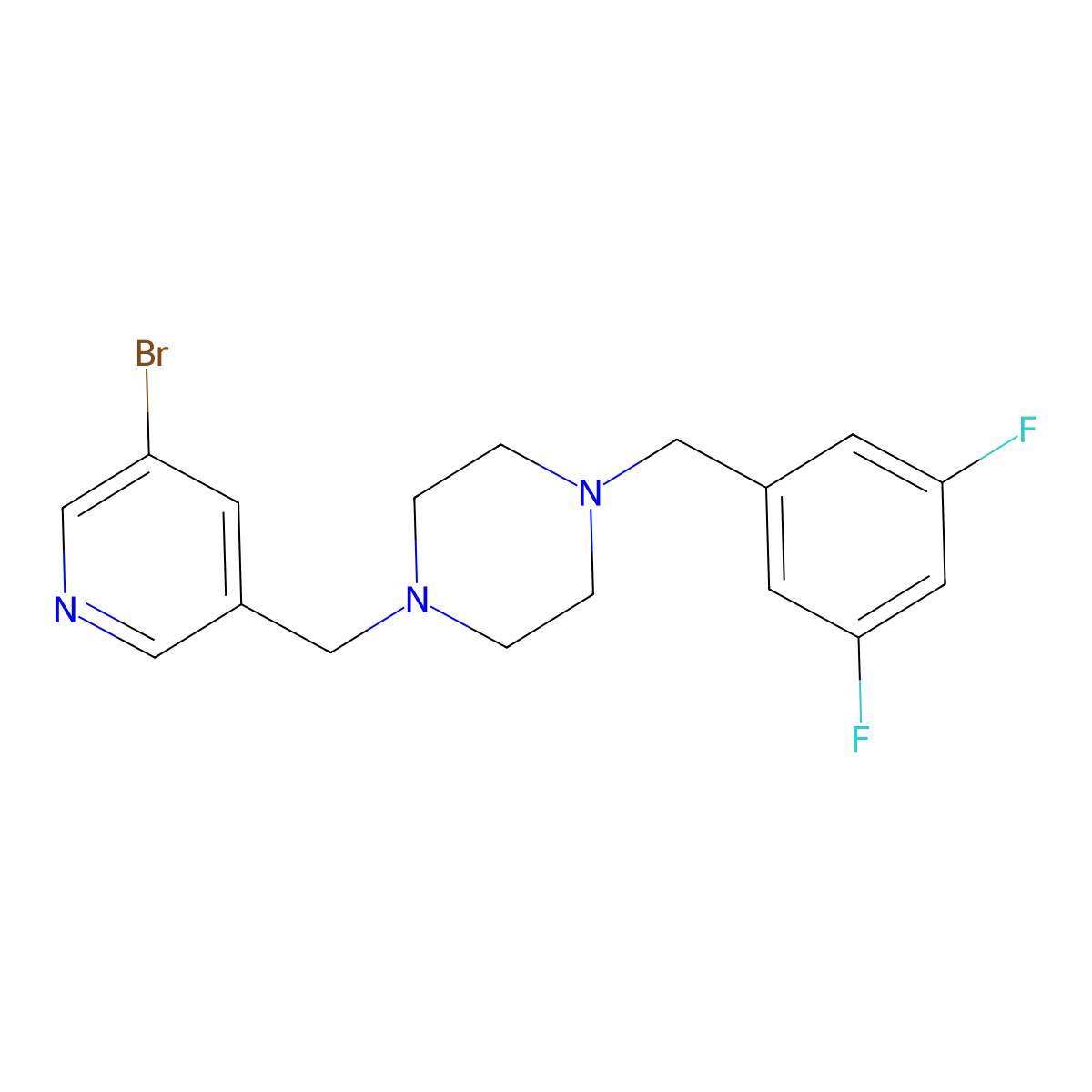 1-[(5-Bromopyridin-3-yl)methyl]-4-[(3,5-difluorophenyl)methyl]piperazine molecular structure, CAS 2877644-25-0