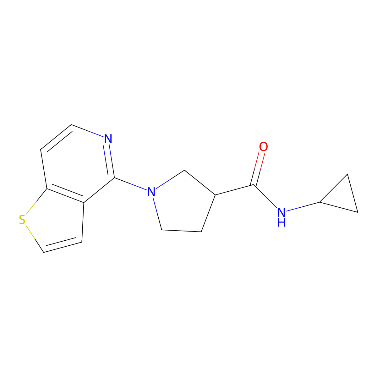 N-cyclopropyl-1-{thieno[3,2-c]pyridin-4-yl}pyrrolidine-3-carboxamide molecular structure, CAS 2877644-40-9