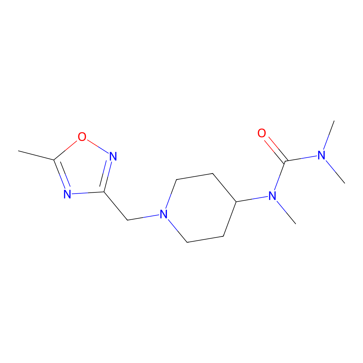 1,3,3-Trimethyl-1-{1-[(5-methyl-1,2,4-oxadiazol-3-yl)methyl]piperidin-4-yl}urea molecular structure, CAS 2877644-50-1