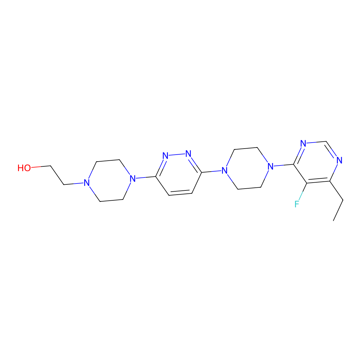 2-(4-{6-[4-(6-Ethyl-5-fluoropyrimidin-4-yl)piperazin-1-yl]pyridazin-3-yl}piperazin-1-yl)ethan-1-ol molecular structure, CAS 2877644-52-3