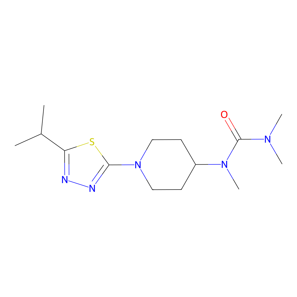 1,3,3-Trimethyl-1-{1-[5-(propan-2-yl)-1,3,4-thiadiazol-2-yl]piperidin-4-yl}urea molecular structure, CAS 2877644-54-5