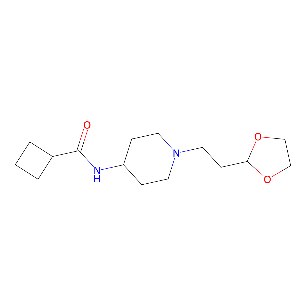 N-{1-[2-(1,3-dioxolan-2-yl)ethyl]piperidin-4-yl}cyclobutanecarboxamide molecular structure, CAS 2877644-76-1