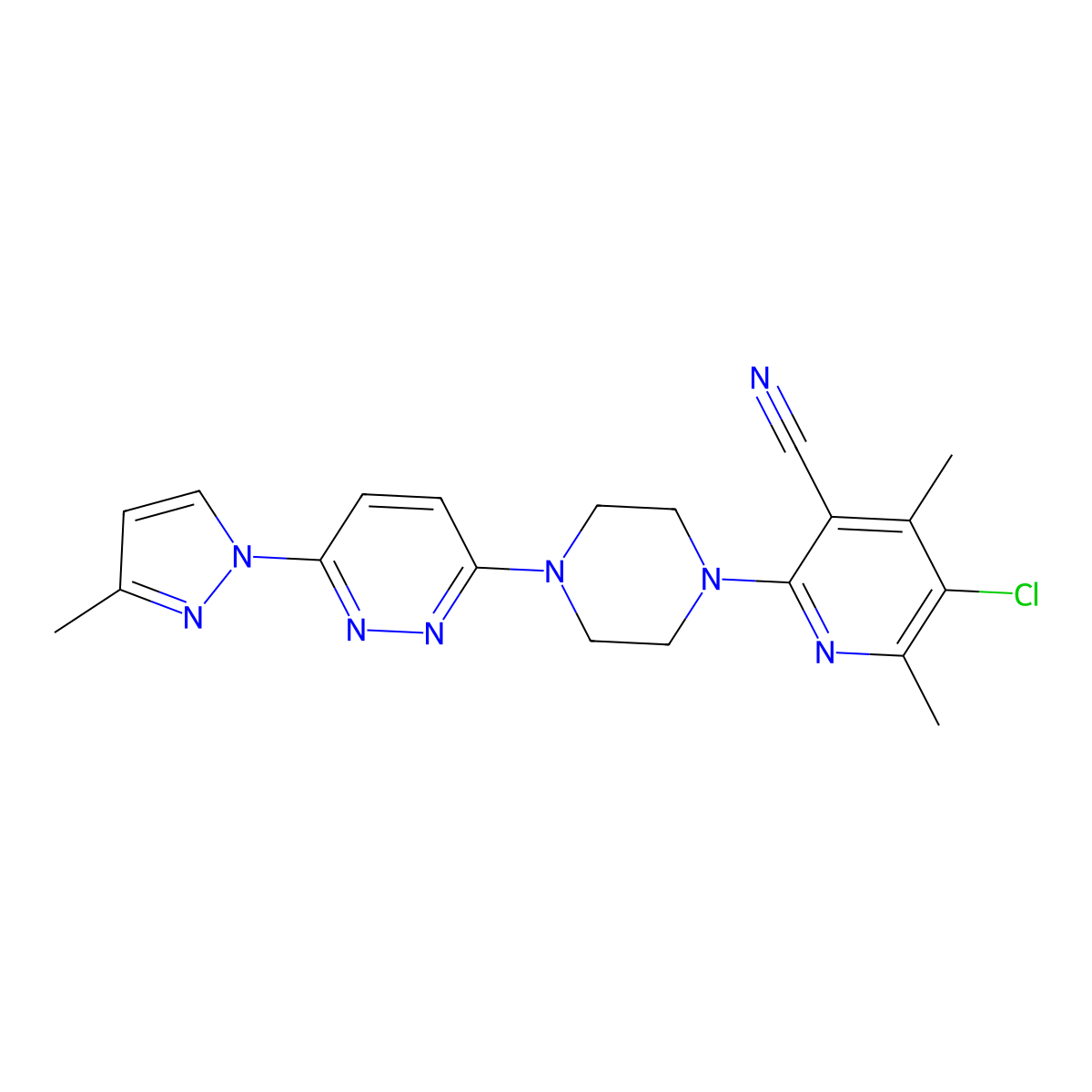 5-chloro-4,6-dimethyl-2-{4-[6-(3-methyl-1H-pyrazol-1-yl)pyridazin-3-yl]piperazin-1-yl}pyridine-3-carbonitrile molecular structure, CAS 2877644-79-4