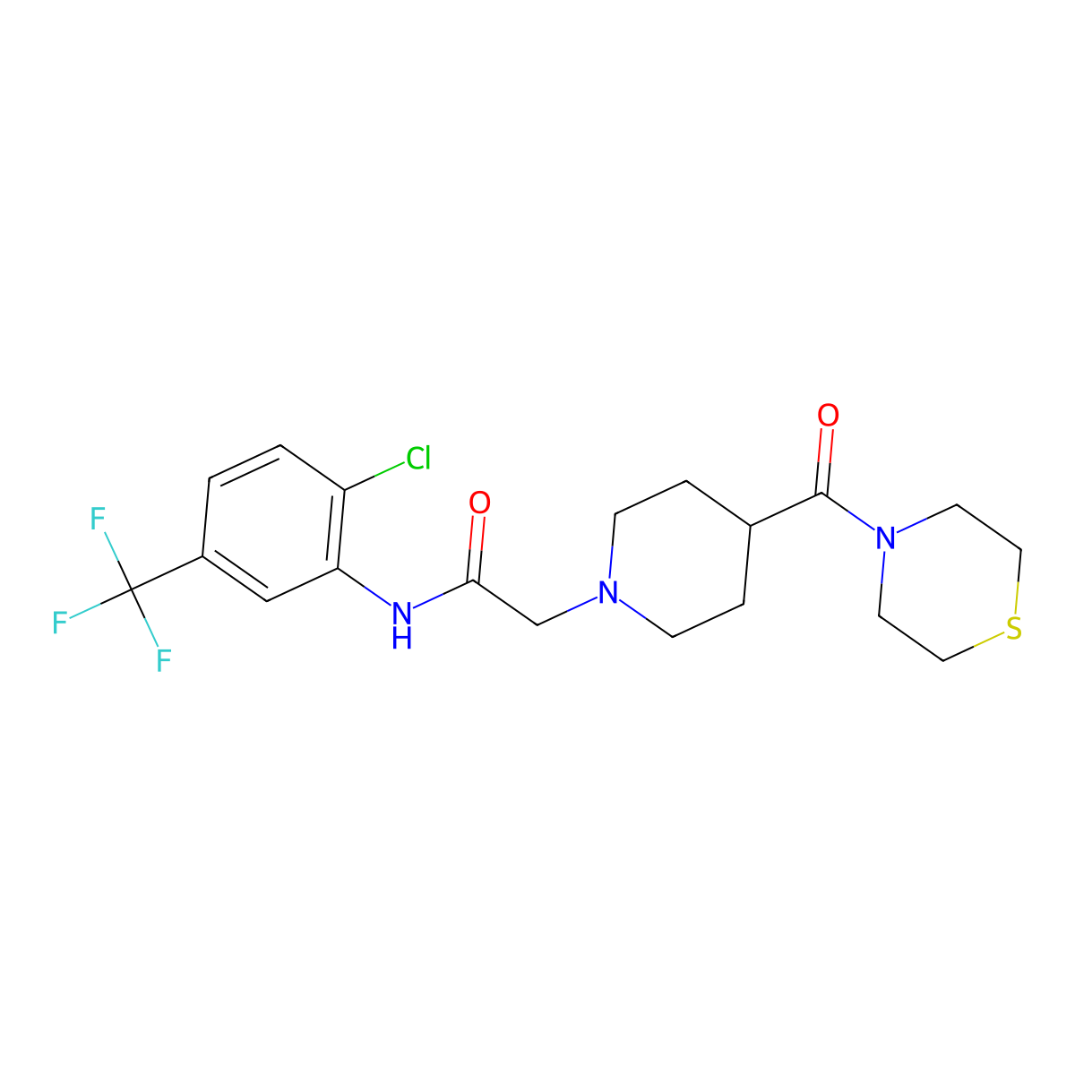 N-[2-chloro-5-(trifluoromethyl)phenyl]-2-[4-(thiomorpholine-4-carbonyl)piperidin-1-yl]acetamide molecular structure, CAS 2877644-86-3