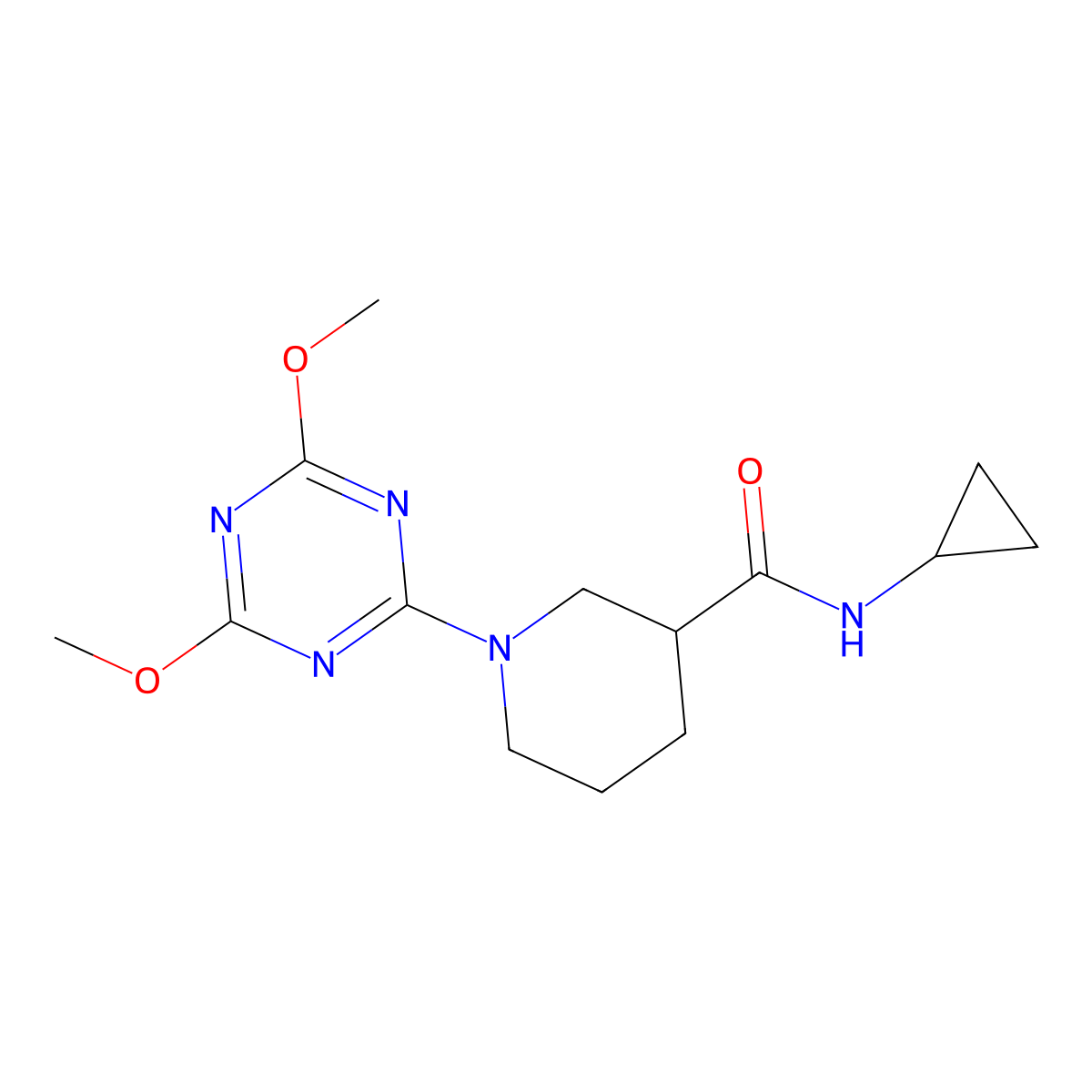 N-cyclopropyl-1-(4,6-dimethoxy-1,3,5-triazin-2-yl)piperidine-3-carboxamide molecular structure, CAS 2877644-87-4