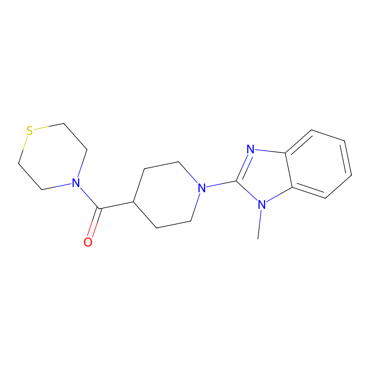 1-methyl-2-[4-(thiomorpholine-4-carbonyl)piperidin-1-yl]-1H-1,3-benzodiazole molecular structure, CAS 2877644-96-5