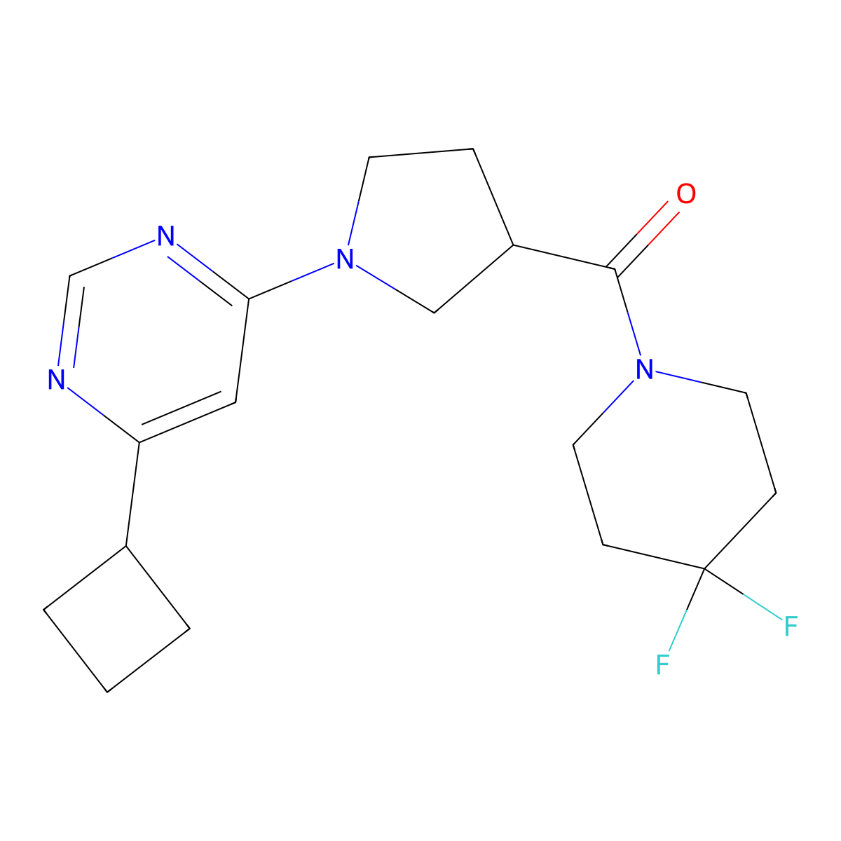 4-Cyclobutyl-6-[3-(4,4-difluoropiperidine-1-carbonyl)pyrrolidin-1-yl]pyrimidine molecular structure, CAS 2877644-97-6
