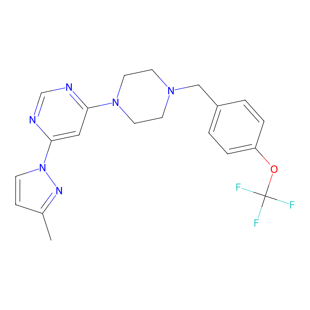 4-(3-methyl-1H-pyrazol-1-yl)-6-(4-{[4-(trifluoromethoxy)phenyl]methyl}piperazin-1-yl)pyrimidine molecular structure, CAS 2877644-99-8