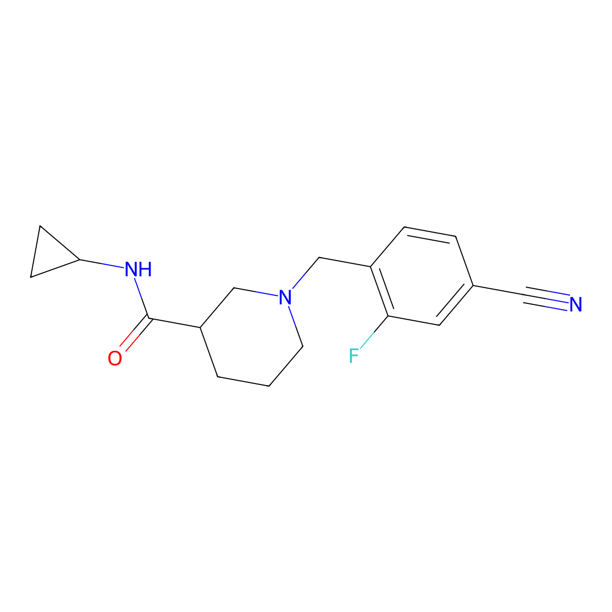 1-[(4-cyano-2-fluorophenyl)methyl]-N-cyclopropylpiperidine-3-carboxamide molecular structure, CAS 2877645-10-6