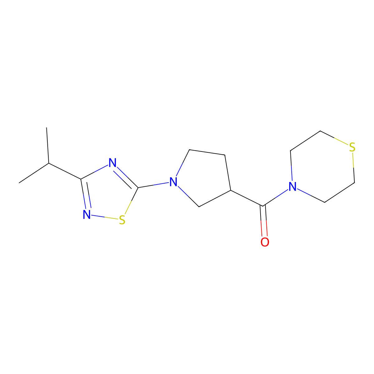 4-{1-[3-(Propan-2-yl)-1,2,4-thiadiazol-5-yl]pyrrolidine-3-carbonyl}thiomorpholine molecular structure, CAS 2877645-26-4
