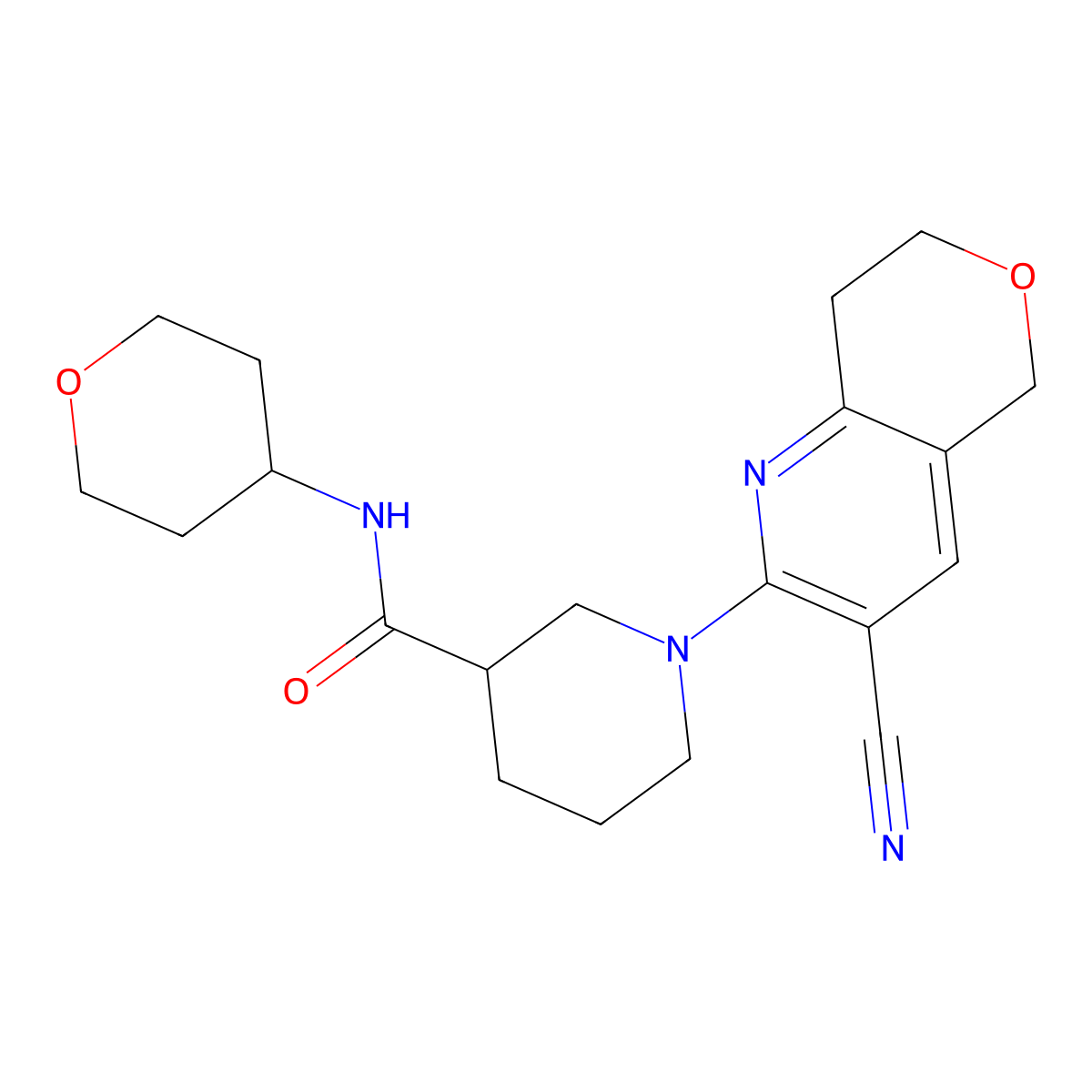 1-{3-cyano-5H,7H,8H-pyrano[4,3-b]pyridin-2-yl}-N-(oxan-4-yl)piperidine-3-carboxamide molecular structure, CAS 2877645-48-0