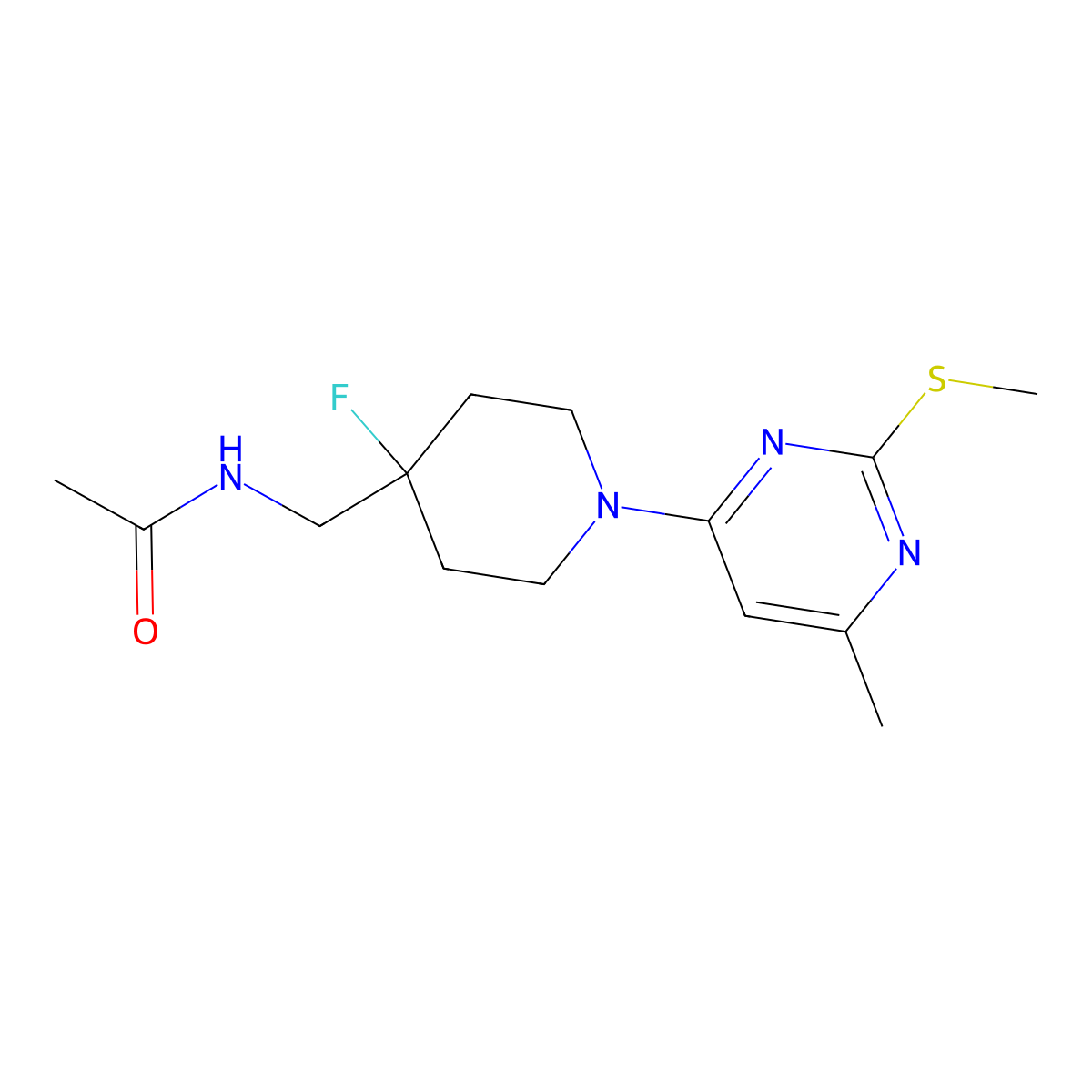 N-({4-fluoro-1-[6-methyl-2-(methylsulfanyl)pyrimidin-4-yl]piperidin-4-yl}methyl)acetamide molecular structure, CAS 2877645-72-0
