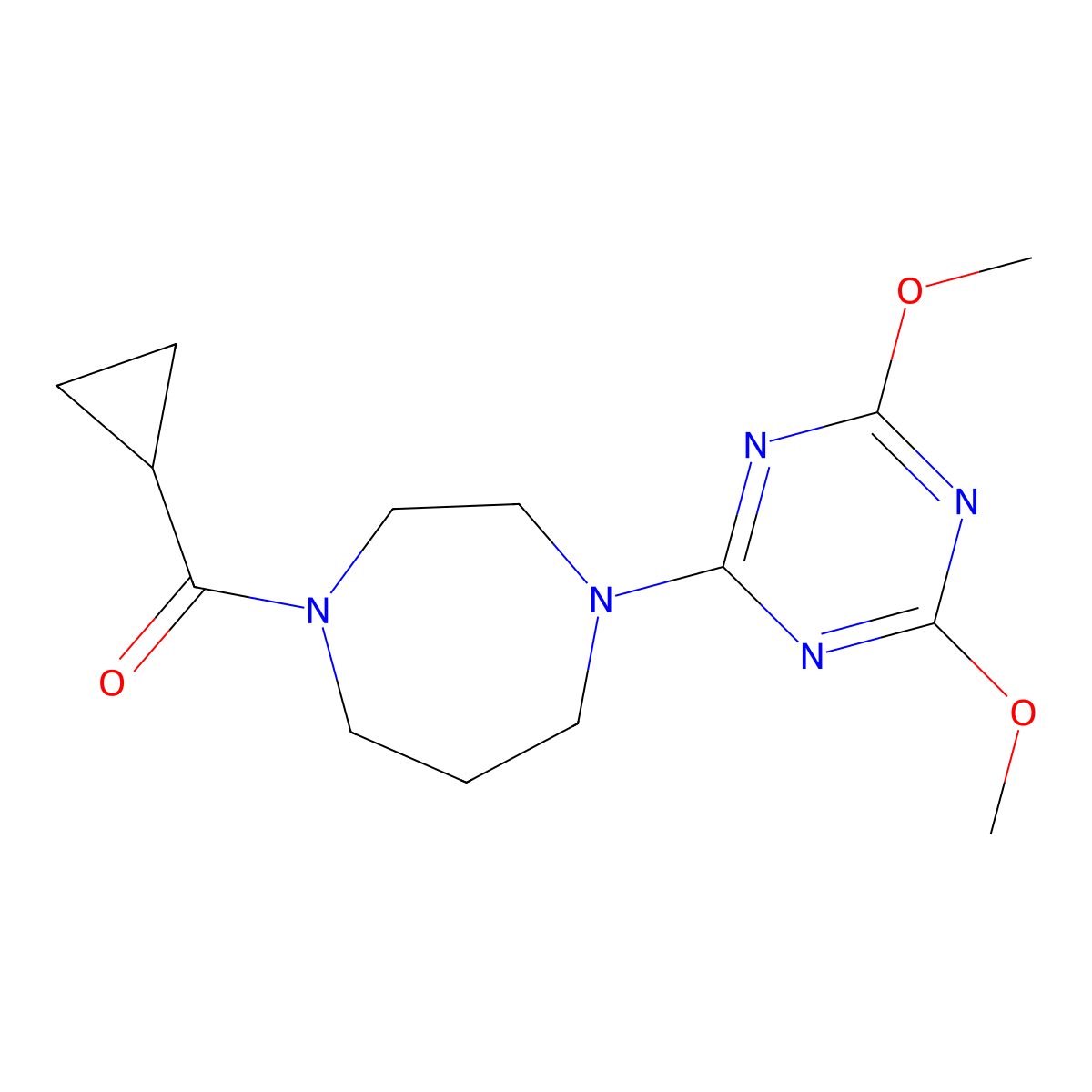 1-Cyclopropanecarbonyl-4-(4,6-dimethoxy-1,3,5-triazin-2-yl)-1,4-diazepane molecular structure, CAS 2877645-80-0