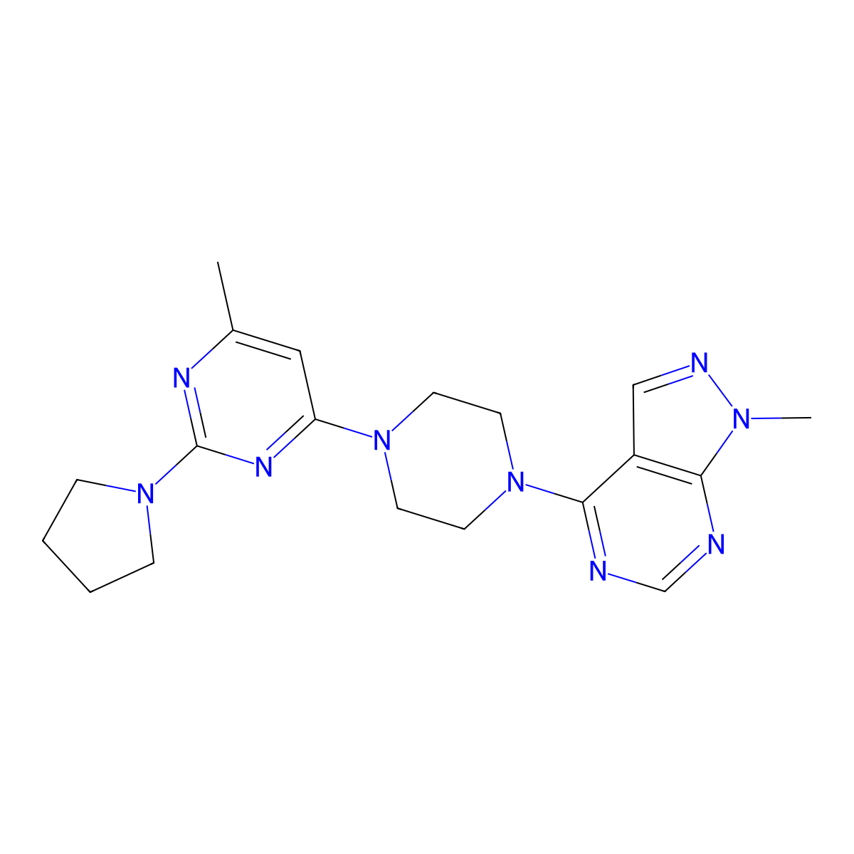 4-methyl-6-(4-{1-methyl-1H-pyrazolo[3,4-d]pyrimidin-4-yl}piperazin-1-yl)-2-(pyrrolidin-1-yl)pyrimidine molecular structure, CAS 2877645-92-4
