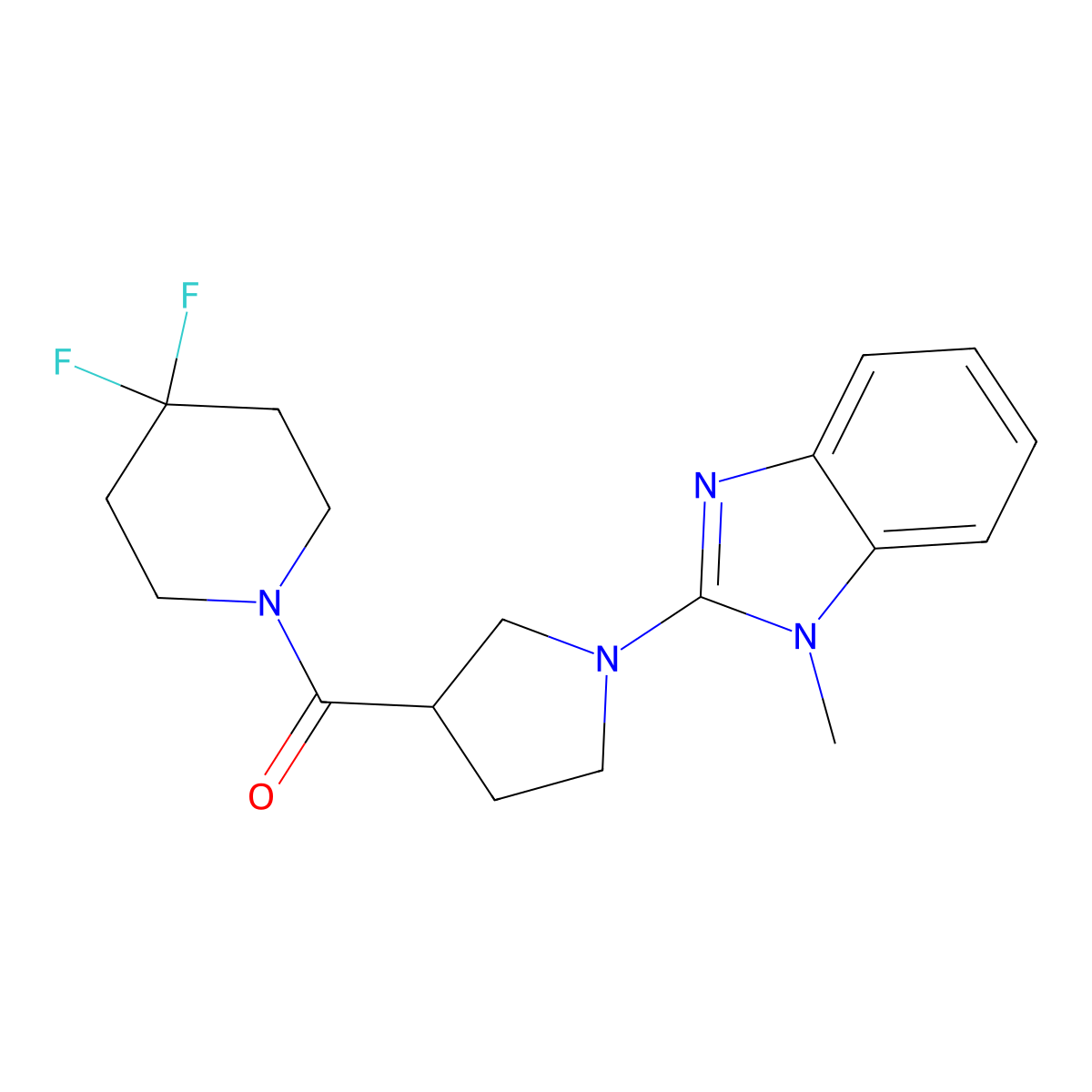 2-[3-(4,4-difluoropiperidine-1-carbonyl)pyrrolidin-1-yl]-1-methyl-1H-1,3-benzodiazole molecular structure, CAS 2877646-43-8