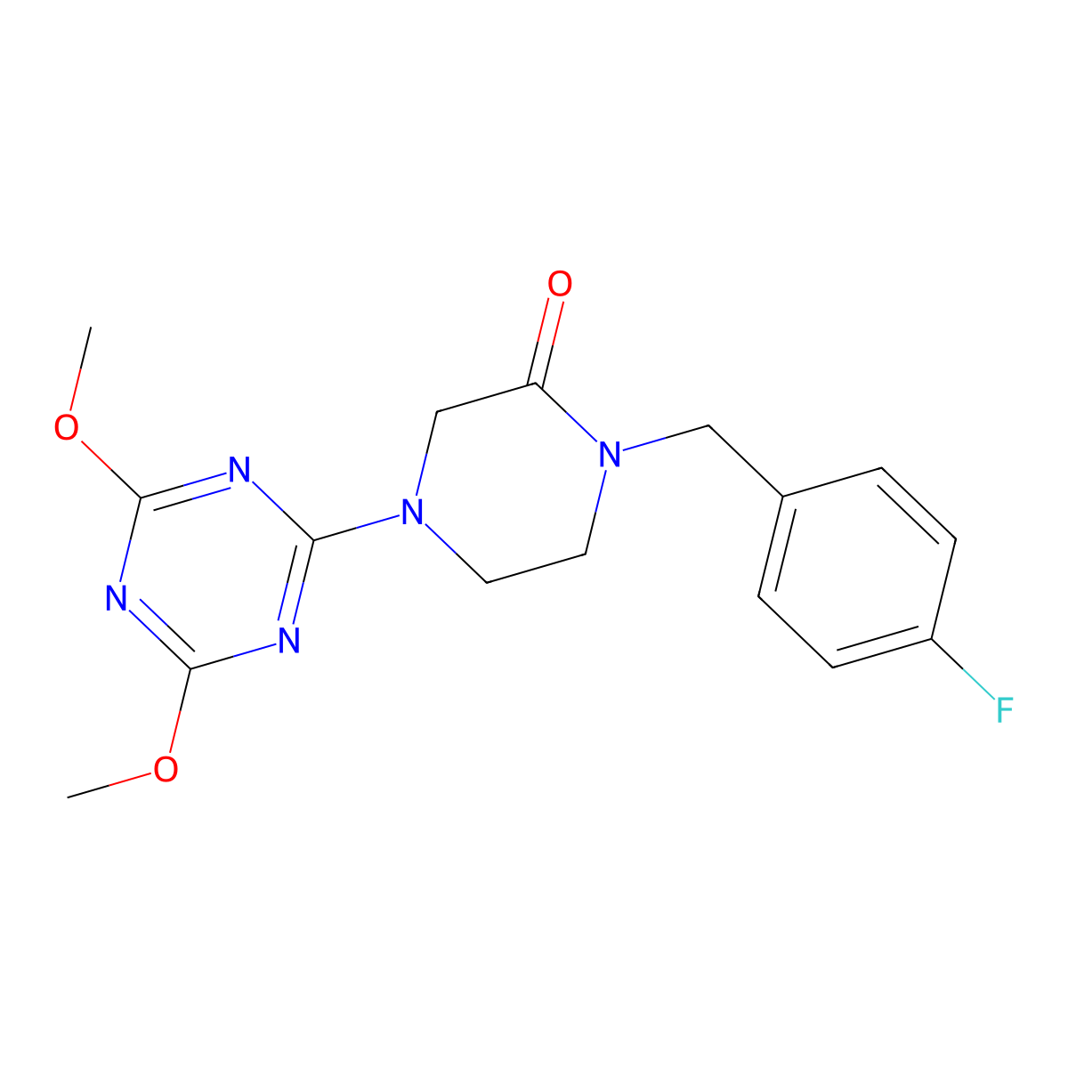 4-(4,6-Dimethoxy-1,3,5-triazin-2-yl)-1-[(4-fluorophenyl)methyl]piperazin-2-one molecular structure, CAS 2877646-61-0