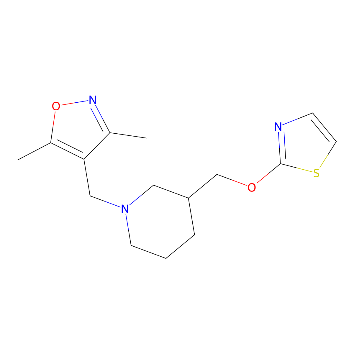 1-[(3,5-Dimethyl-1,2-oxazol-4-yl)methyl]-3-[(1,3-thiazol-2-yloxy)methyl]piperidine molecular structure, CAS 2877646-66-5