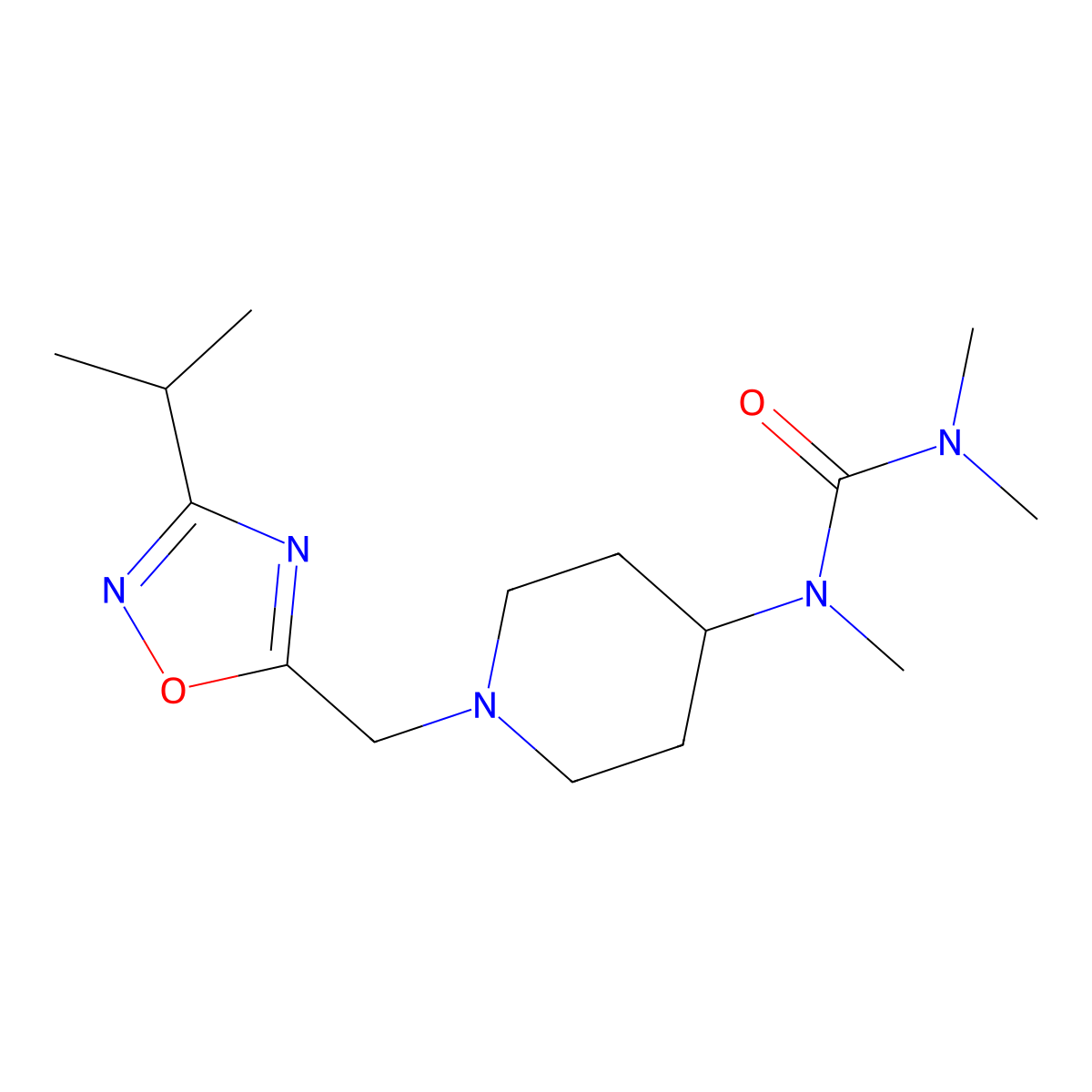 1,3,3-Trimethyl-1-(1-{[3-(propan-2-yl)-1,2,4-oxadiazol-5-yl]methyl}piperidin-4-yl)urea molecular structure, CAS 2877646-72-3