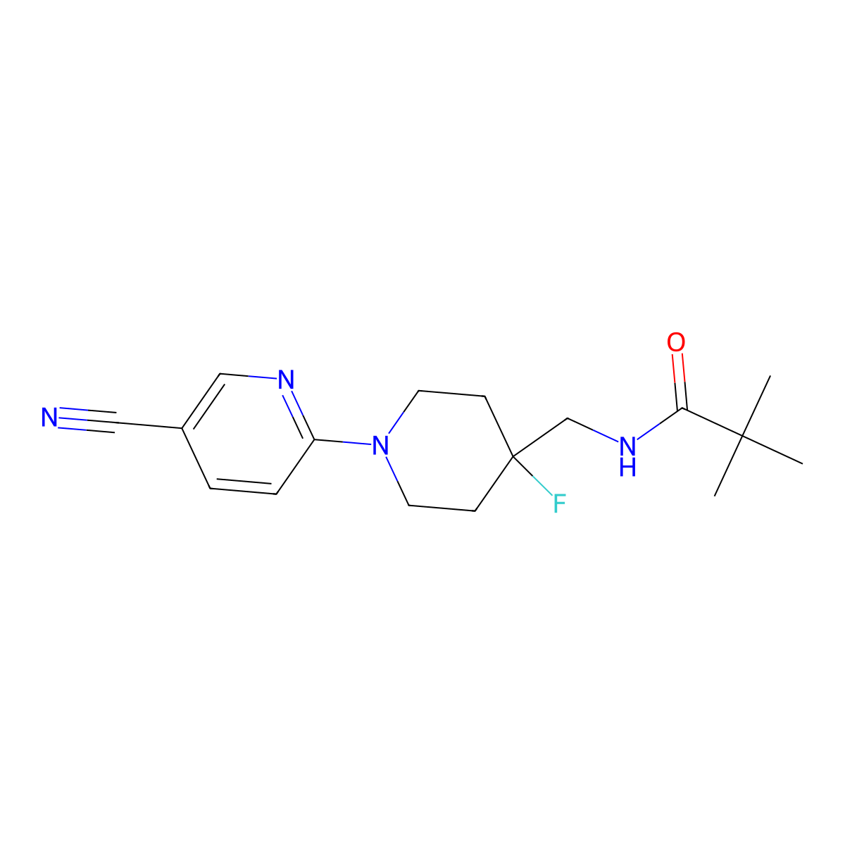 N-{[1-(5-cyanopyridin-2-yl)-4-fluoropiperidin-4-yl]methyl}-2,2-dimethylpropanamide molecular structure, CAS 2877646-73-4