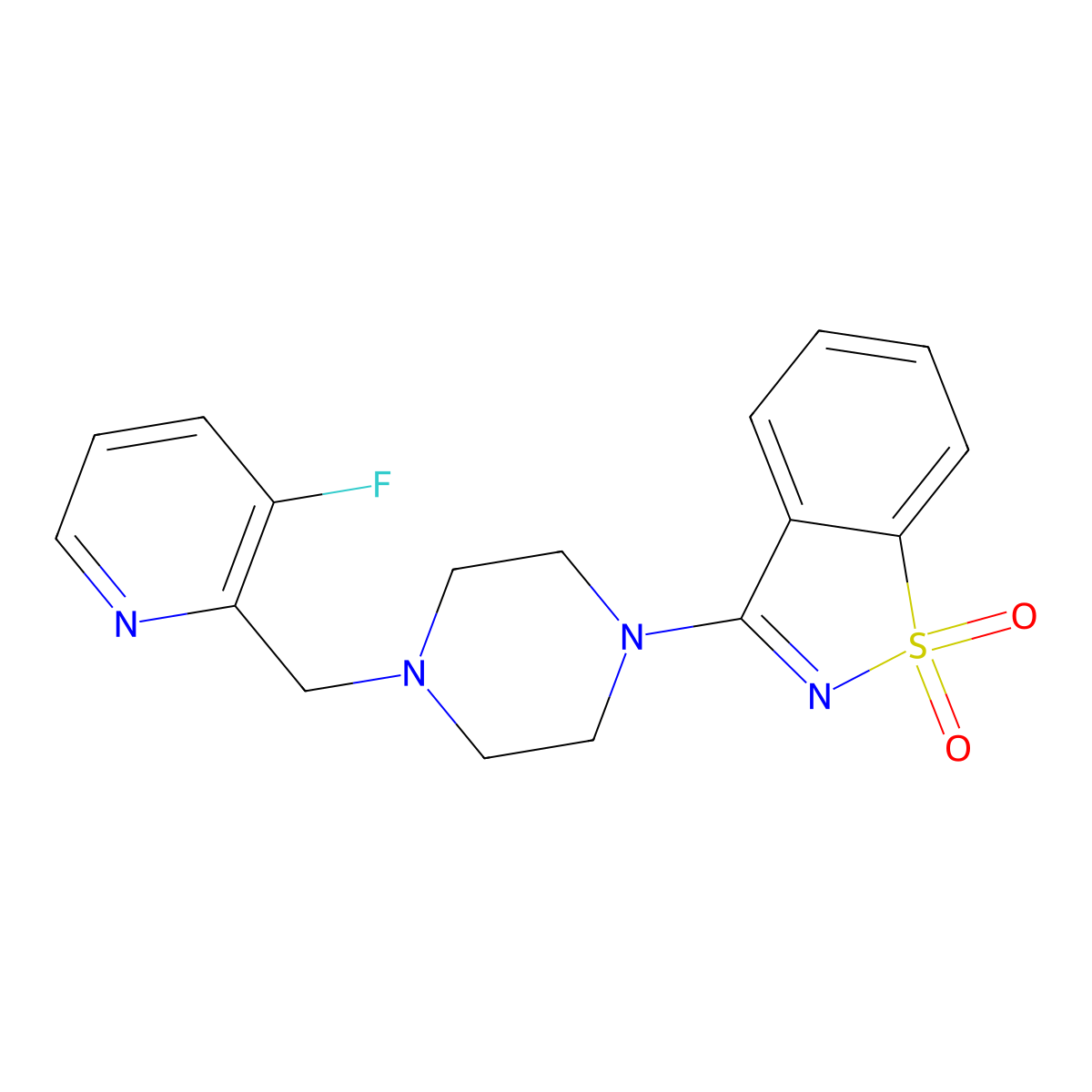 3-[4-[(3-Fluoro-2-pyridinyl)methyl]piperazin-1-yl]-1,2-benzothiazole 1,1-dioxide molecular structure, CAS 2877646-75-6