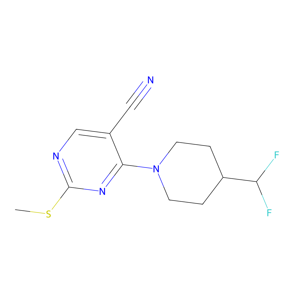 4-[4-(Difluoromethyl)piperidin-1-yl]-2-(methylsulfanyl)pyrimidine-5-carbonitrile molecular structure, CAS 2877647-17-9