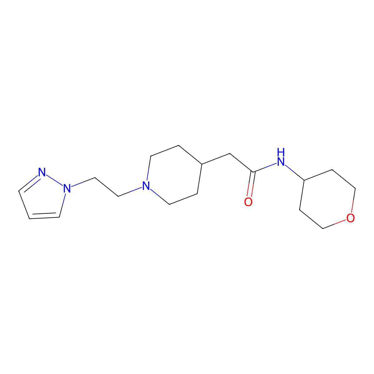 N-(oxan-4-yl)-2-{1-[2-(1H-pyrazol-1-yl)ethyl]piperidin-4-yl}acetamide molecular structure, CAS 2877647-20-4
